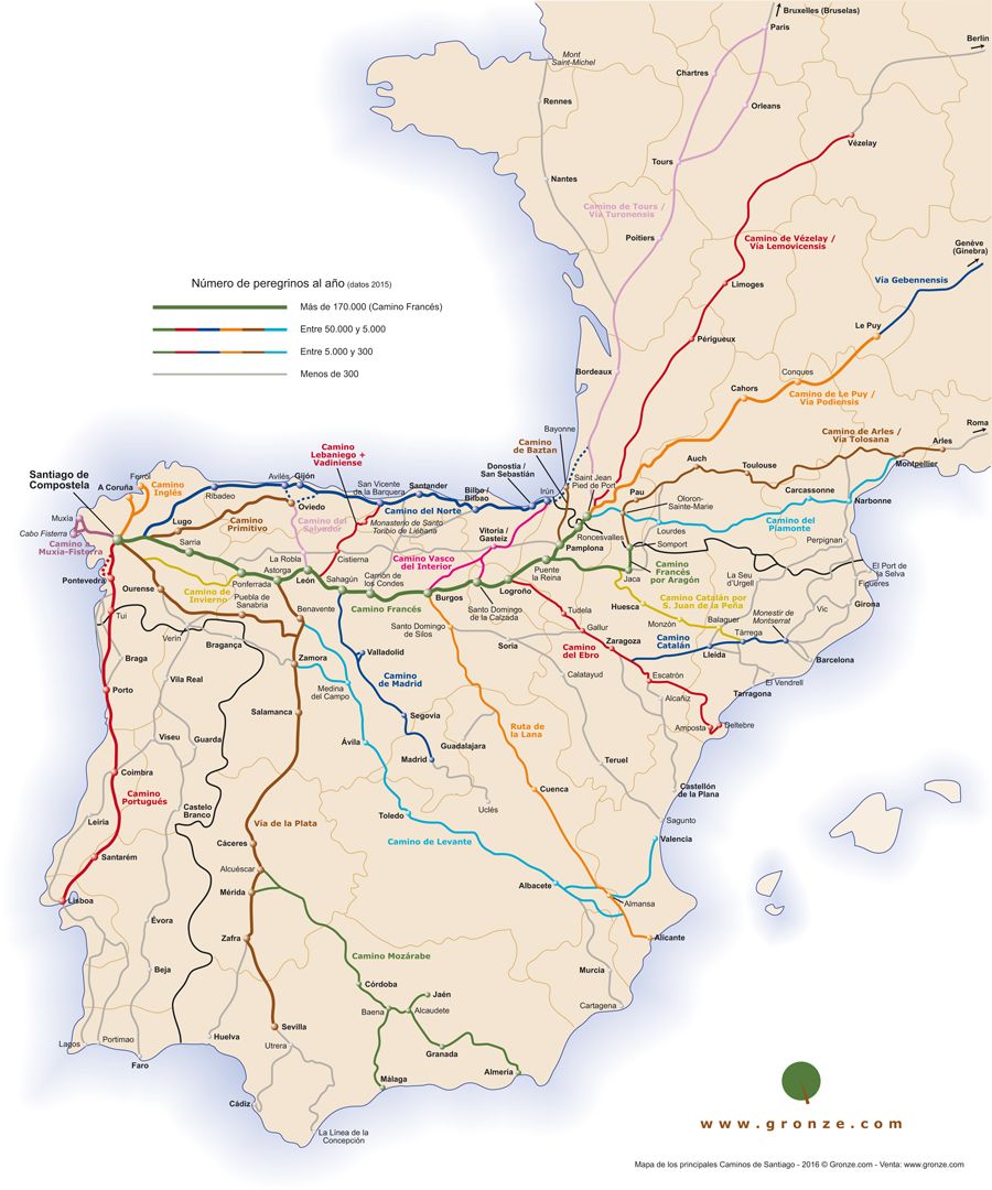 Póster-Mapa De Los Caminos De Santiago | El Camino De Santiago | Gronze.com