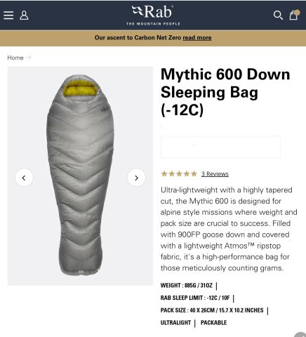 mythic 400 - saco de dormir de plumas ultralight - rab